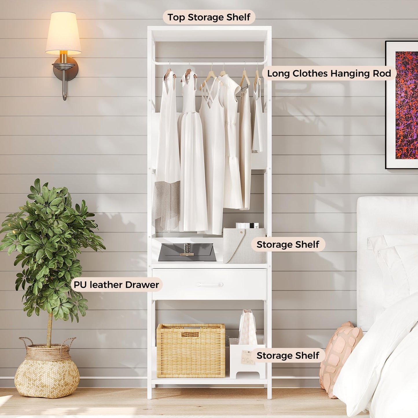 VOWNER Slim Hall Tree Entryway Coat Rack Bench Drawer White Hanging Rod