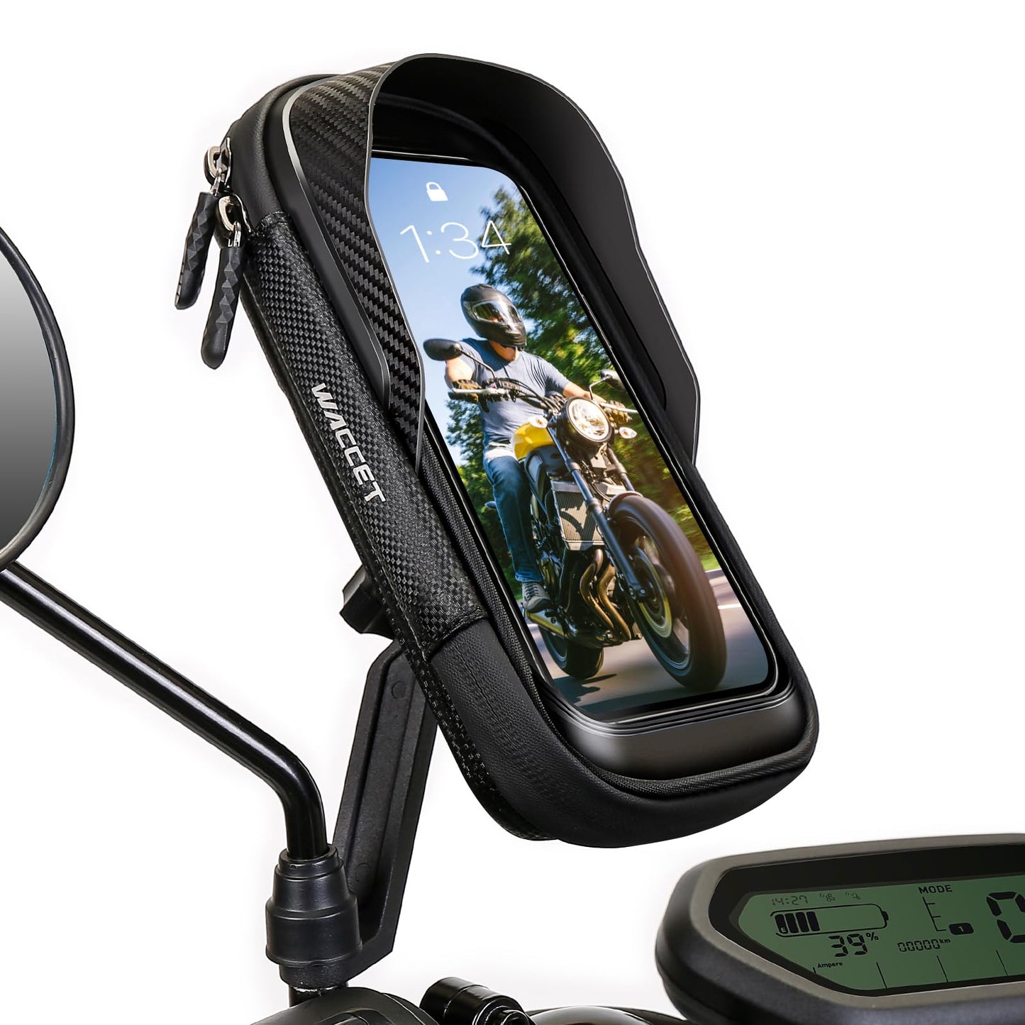 WACCET Motorbike Phone Holder Waterproof, Motorcycle Smartphone Mount 360? Rotation Phone Holder for Motorbike Mirror with Touch Screen Sun Visor