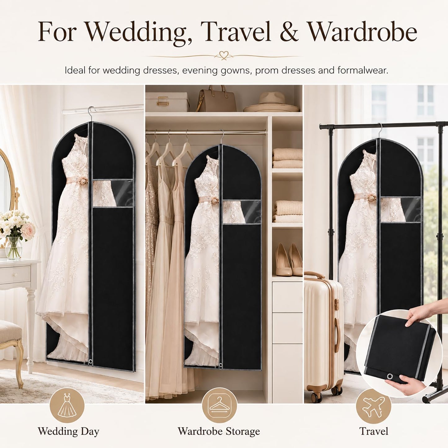 Dress Bag Covers Long, URMI Breathable 60 x 183cm (3 PCS) Hanging Wedding Dress Bridesmaid Dress Bags for Gowns Prom Bridal Garment Bags with Clear