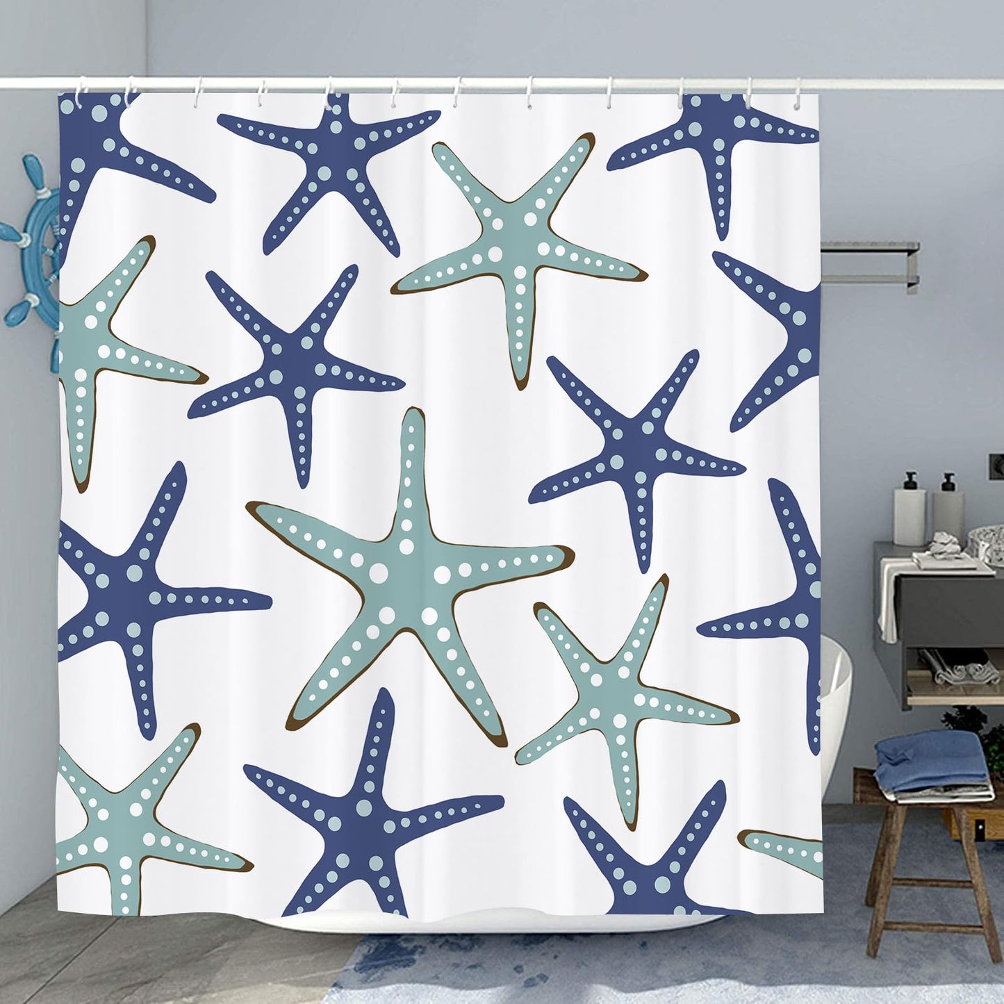 GOOESING Starfish Shower Curtain Beach Shower Curtain Blue and Teal Bathroom Curtain with Hooks Bathroom Decor Washable Durable Waterproof Fabric