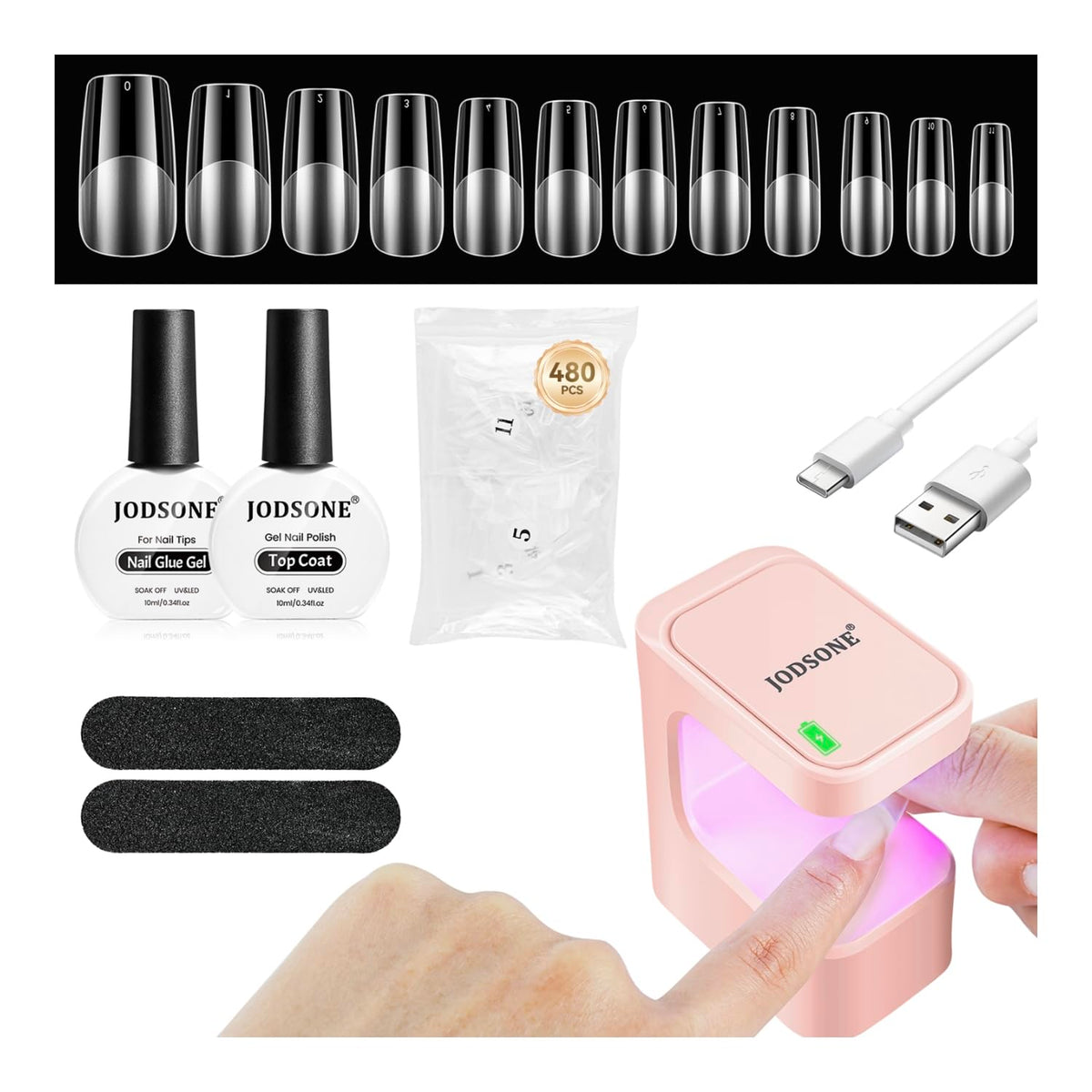JODSONE Mini Nail Lamp KIT 480PCS Square Nail Tips Quick-Dry Gel Nail Lamp Transparent Nail Tips Nail Glue&Top Coat Portable U V LED Curing Lamp DIY