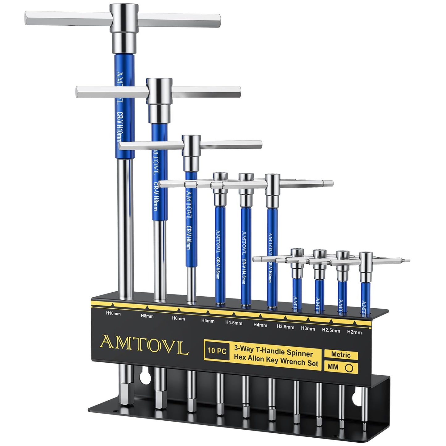AMTOVL T-Handle Hex Allen Wrench Set - Metric, 10 Pcs 2mm-10mm, Sliding Handle, Chrome Vanadium Steel, with Aluminum Alloy Sleeves & Steel Storage