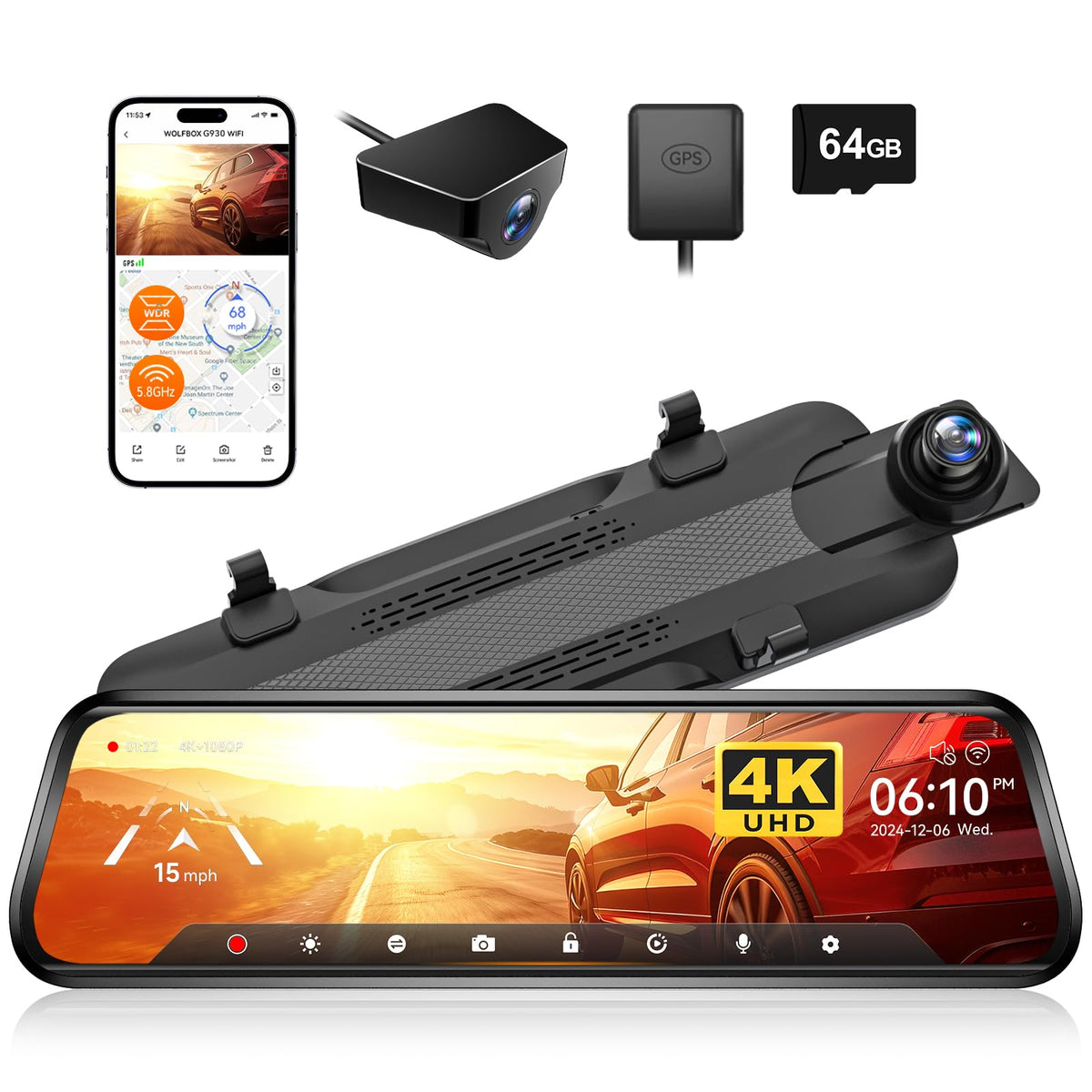 WOLFBOX G930 10'' Rear View Mirror Camera with 5.8GHz WiFi, 4K Dash Cam Front and Rear with WDR, Touch Screen Rearview Mirror Backup Camera, Parking