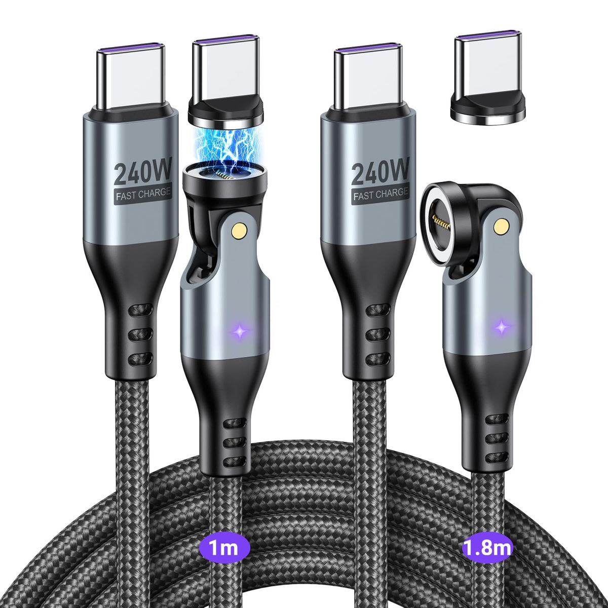 VAFOTON 240W Magnetic Charging Cable 9Pins (2Pack, 1m/1.8m), PD 240W USB C to USB C Magnetic Phone Charger Cables for Tablet/Laptop/MaBook/Smartphone