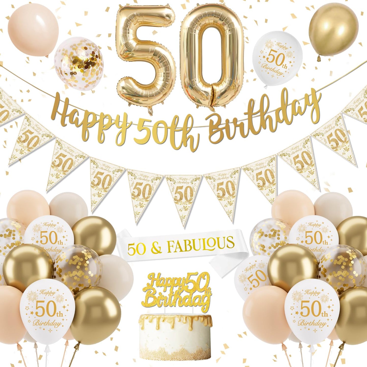 50th Birthday Decorations for Women - Sand White Gold Banner, Balloons, Triangle Flag Number 50, Cake Topper for Party