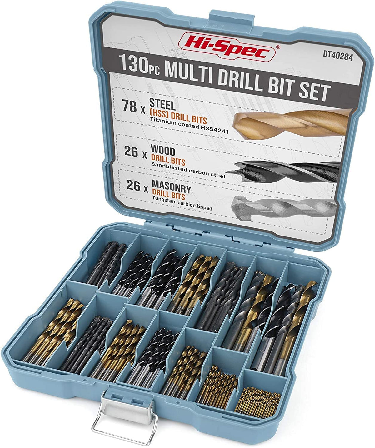 Hi-Spec 130pc Mixed Multi Drill Bit Set. 1 to 10mm HSS Titanium Coated, Masonry & Brad Point Steel Bits for Metal, Woods, Plastics, Brick and