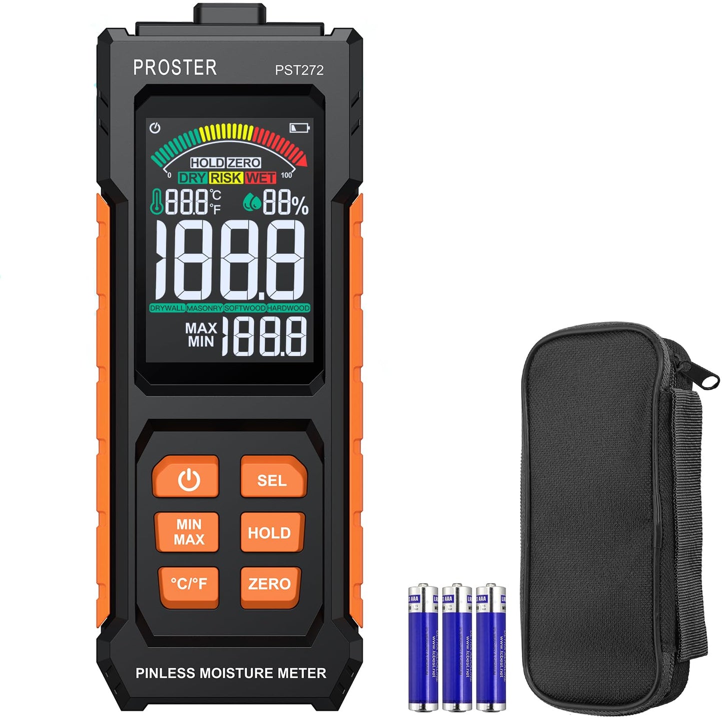 Proster Pinless Damp Meter for Walls - Wood Moisture Meter with Tri-Colour Bar Chart & Visual & Sound Alerts Non-Invasive Moisture Detector for
