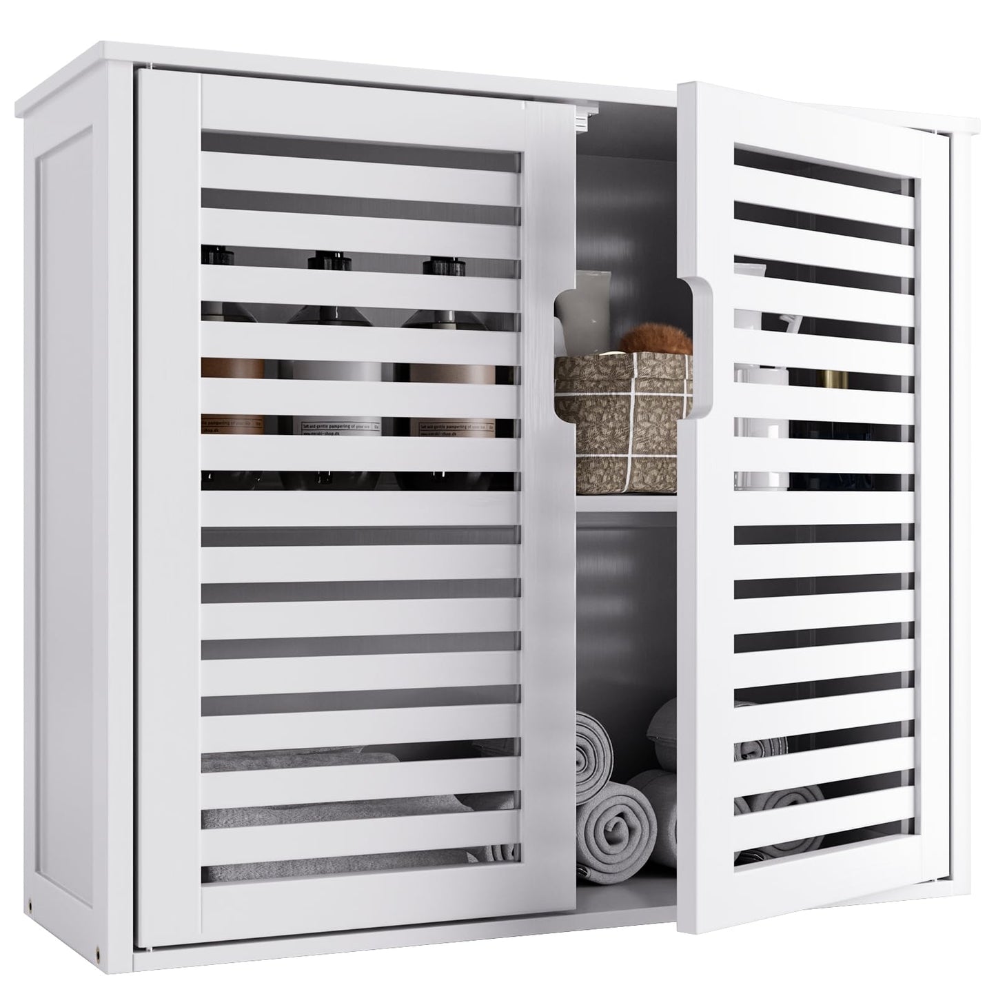 HITNET Bathroom Wall Cabinet with Doors, Bamboo Medicine Cabinets with Adjustable Shelf, Space Saver Storage Organizer Over the Toilet, White