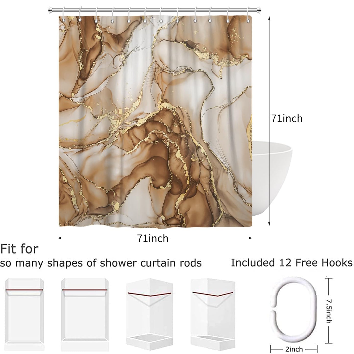 Hnmdmyi Marble Shower Curtain 180x180, Brown Gold Abstract Marble Bathroom Curtains Luxury Modern Aesthetic Art Ink Texture Waterproof Polyester