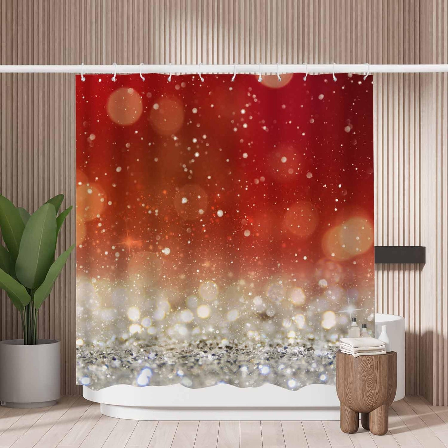 Woutay Shower Curtain Mould Proof Resistant Red Blinking Stars,Water Repellant Fabric,Polyester,with 12 Plastic Hooks