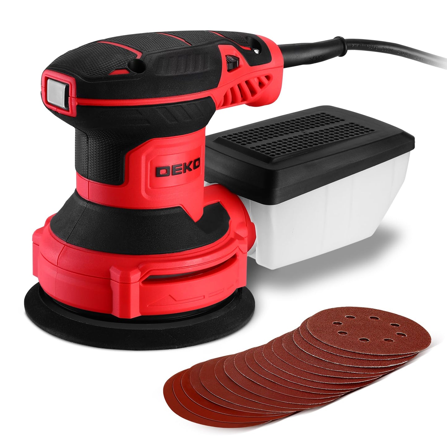 DEKOPRO Random Orbit Sander 300W 2.5A with 16Pcs Sandpapers, 6 Variable Speed 14000RPM, 5 Inches Hand Electric Tool, Dust Removal Function, Fit for
