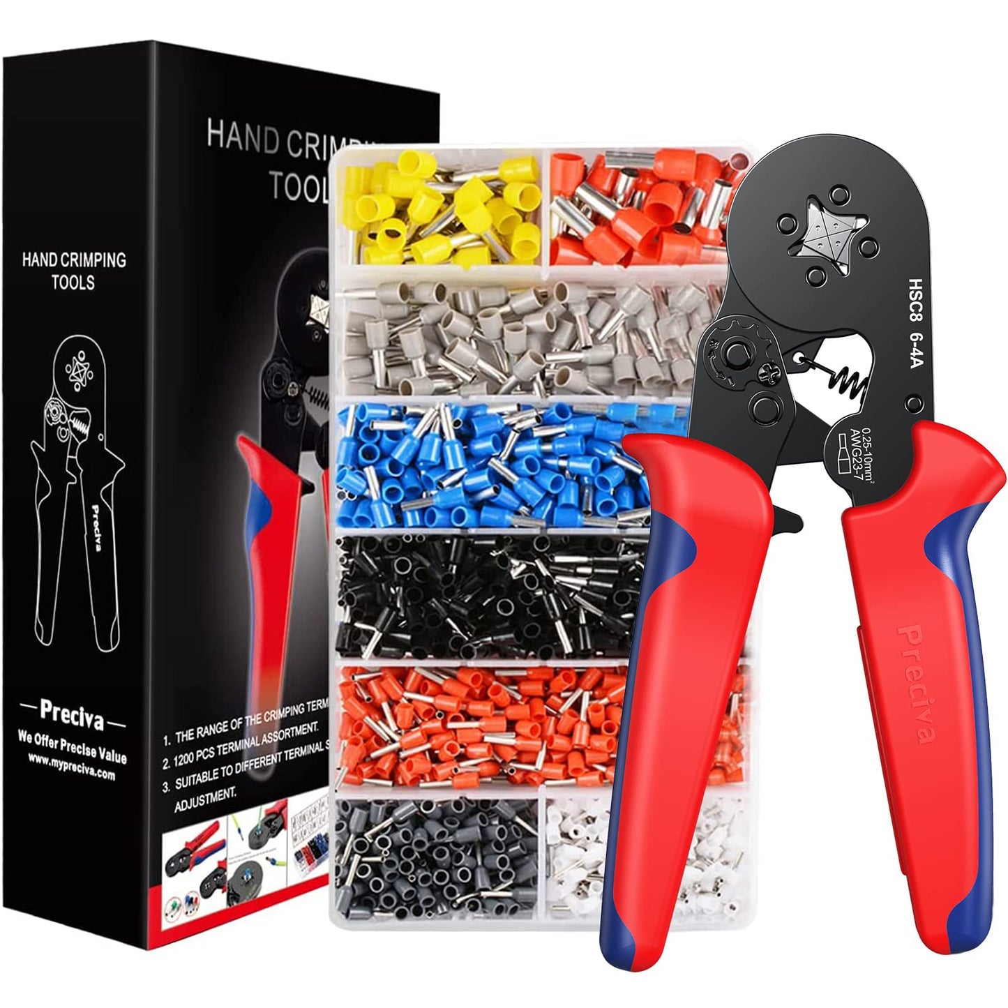 Crimping Plier Set, Preciva 0.25-10mm? Ferrule Crimper Tool with 1200 Wire End Connectors, Self-Adjustable Ratchet Bootlace Cables Crimp Tools,