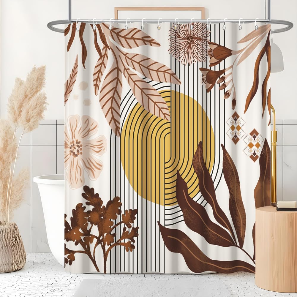 Uiiooazy Abstract Shower Curtain, Boho Floral Mid Century Arch Plant Modern Minimalist Bath Curtain Anti Mildew Waterproof Polyester Fabric Washable