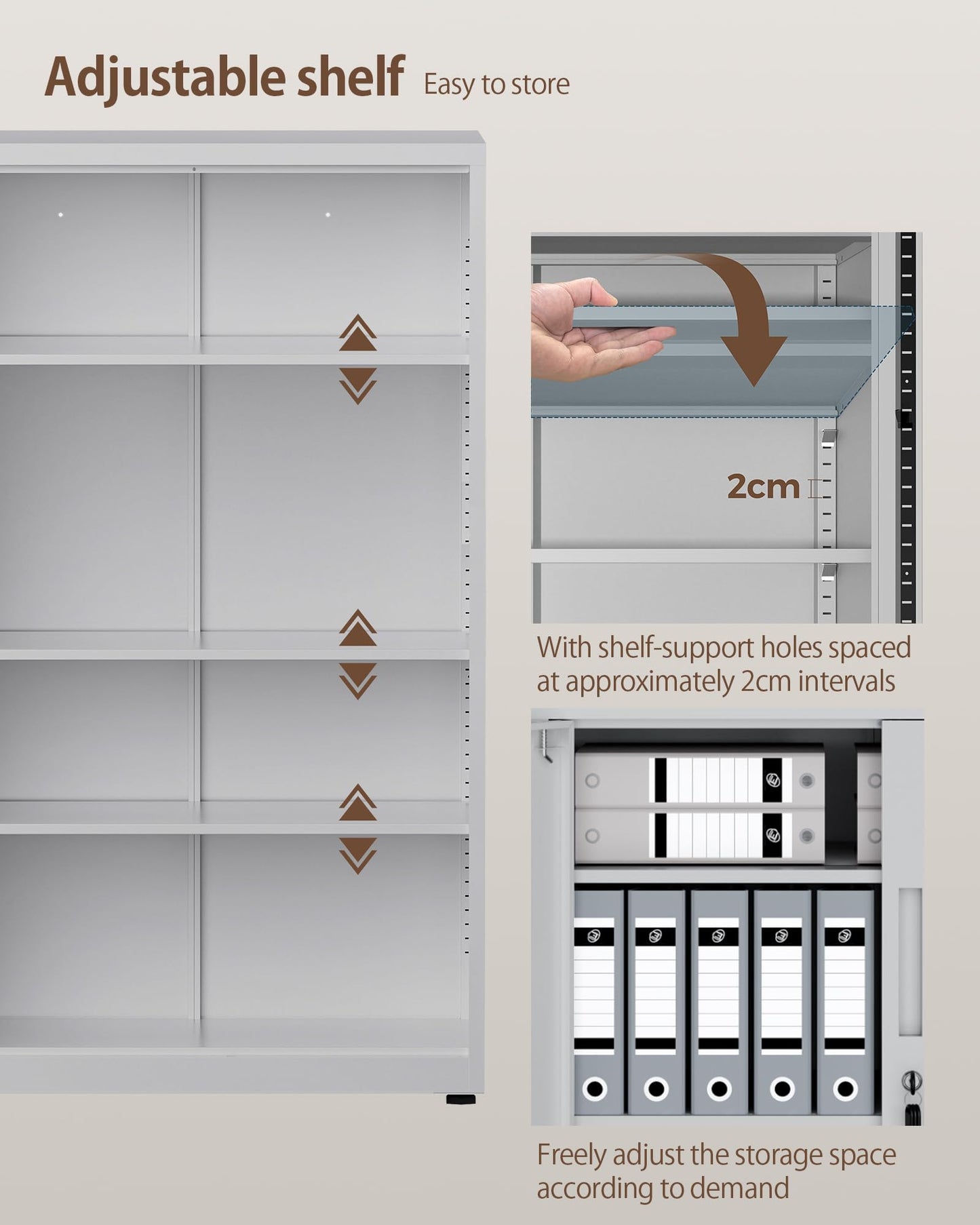 LAND·VOI 4-Tier Lockable Tall Storage Cabinet, Adjustable Shelves Double Door Cupboard 40×80×131.5cm Light Gray