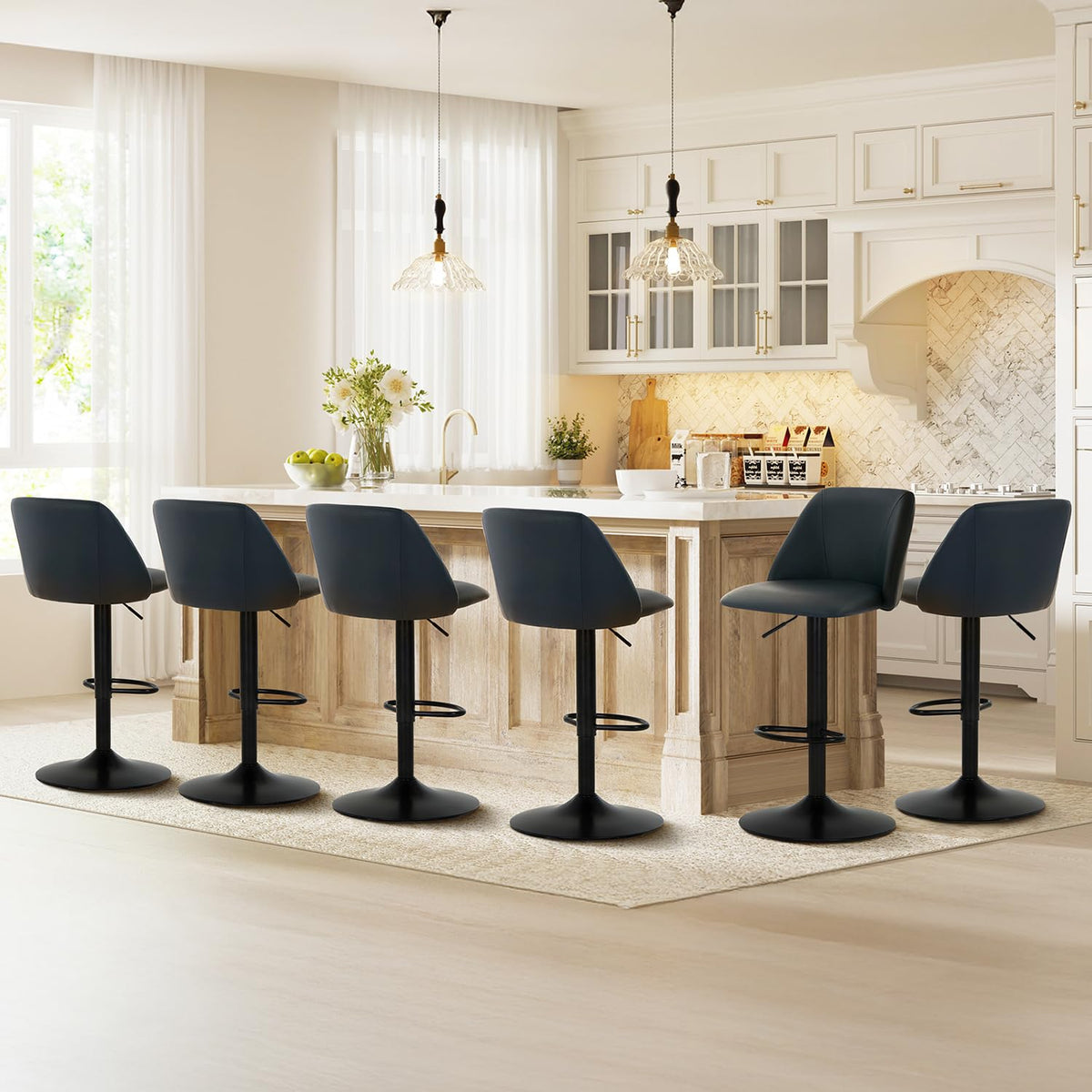 COLAMY Breakfast Bar Stools Set of 4, Modern Swivel Kitchen Stool, Adjustable Upholstered Barstools Counter Height with Square Open Back for Bar