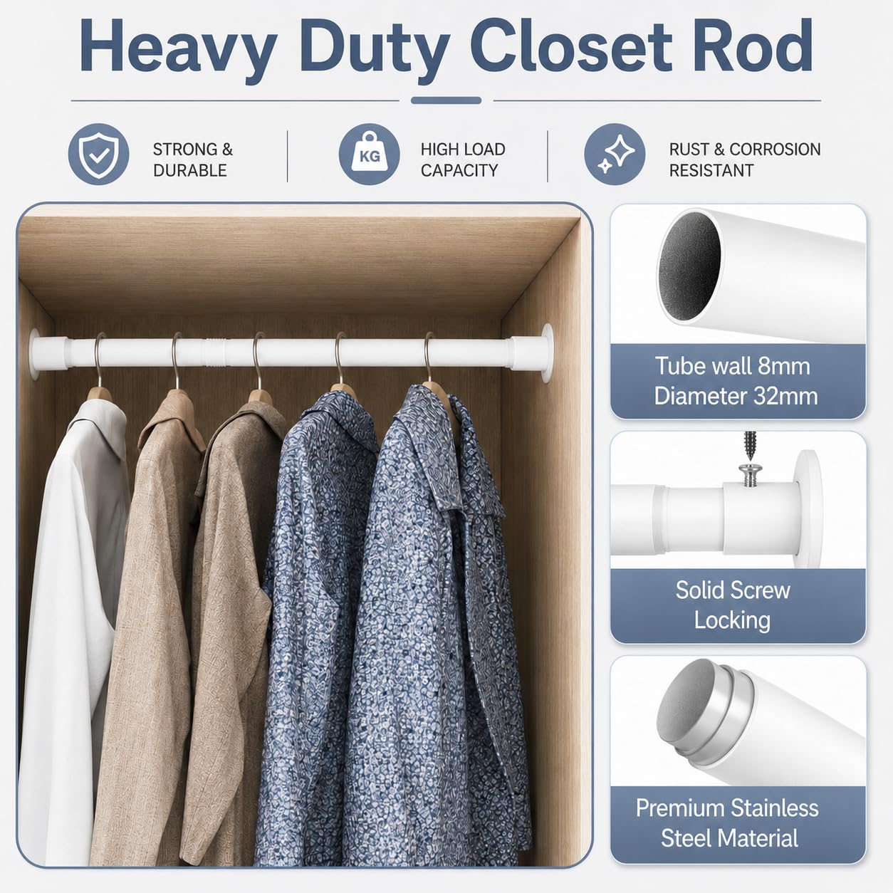 Wardrobe Rail to Hang Clothes, Wardrobe Pole Extendable Clothes Rail for Clothes, Bedroom,Windows and Showers, 68-110CM/Diameter 32MM,White