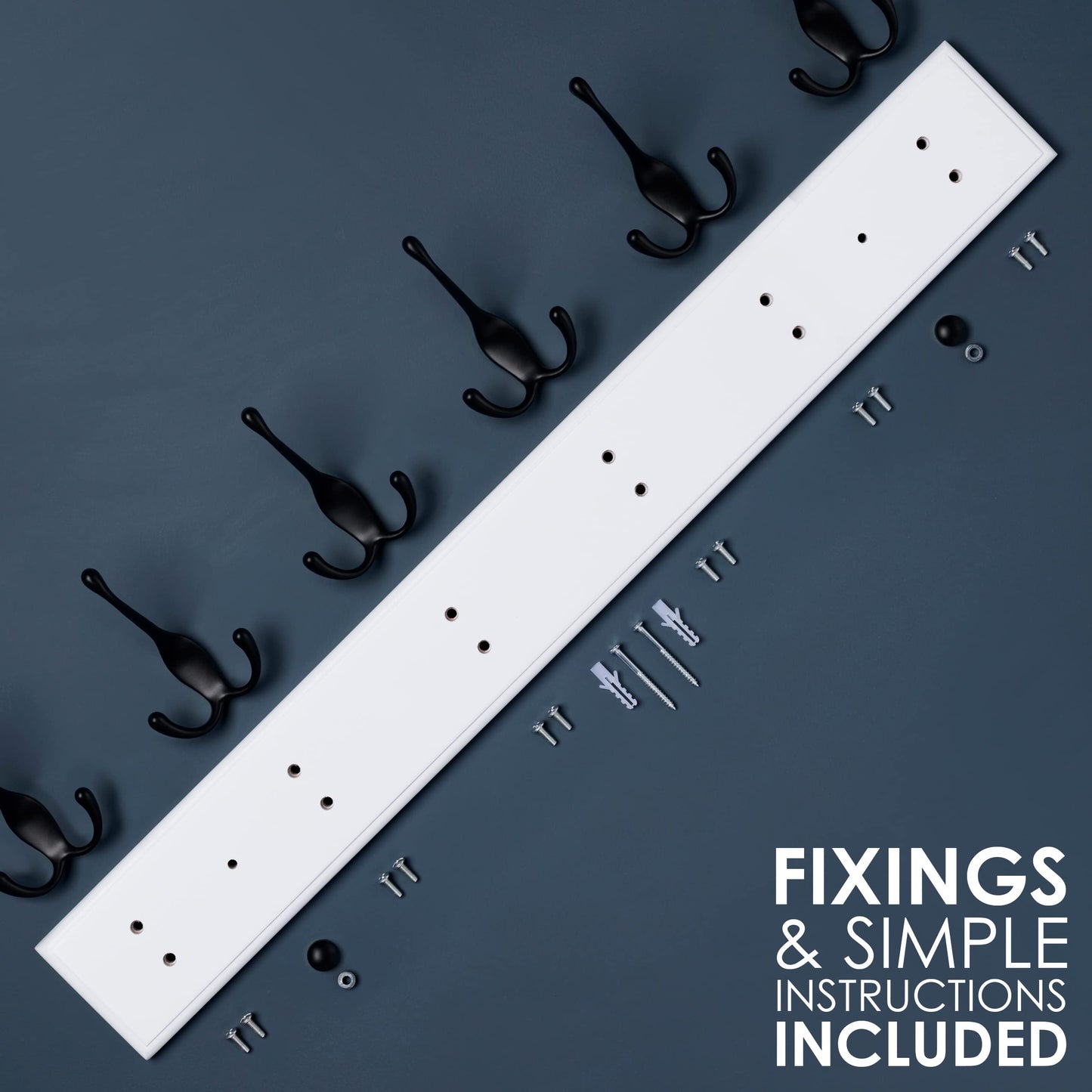 LARHN White Wall-Mounted Coat Rack - 6 Black Coat Hooks, 59cm