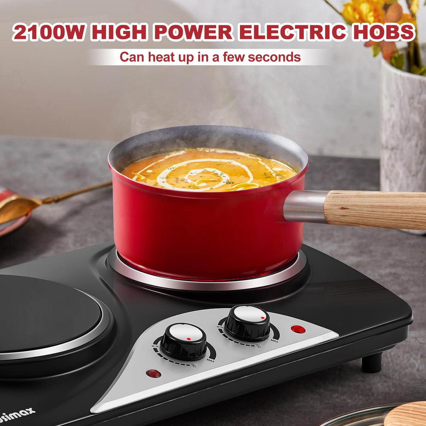 CUSIMAX Electric Hobs, 2100W Electric Hot Plates for Cooking Infrared Double Hot Plate, Portable Electric Hob with Temperature Control & Crystallite