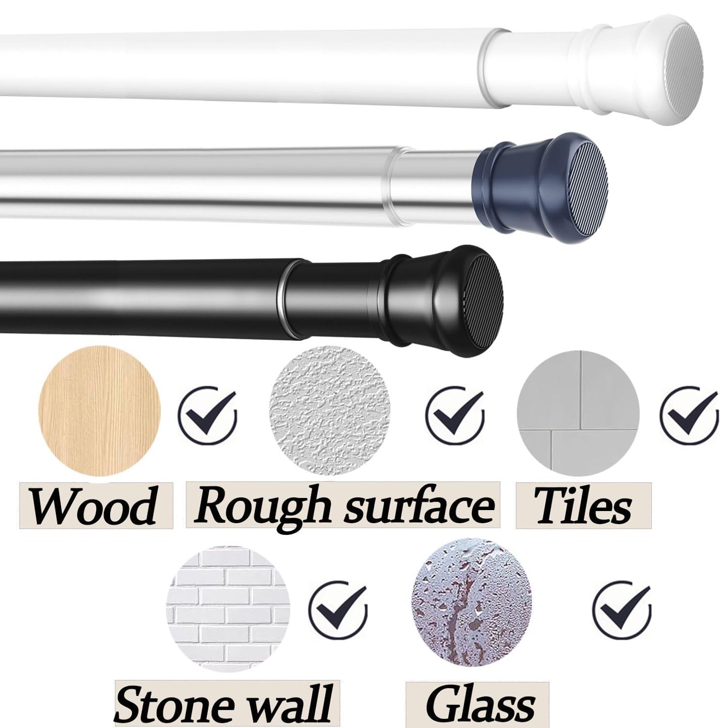 Shower Curtain Pole Extendable No Drill Curtain Poles White Curtain Rods Extendable For Windows,Bathroom,Wardrobe,Kitchen Closet Door White 83-145CM