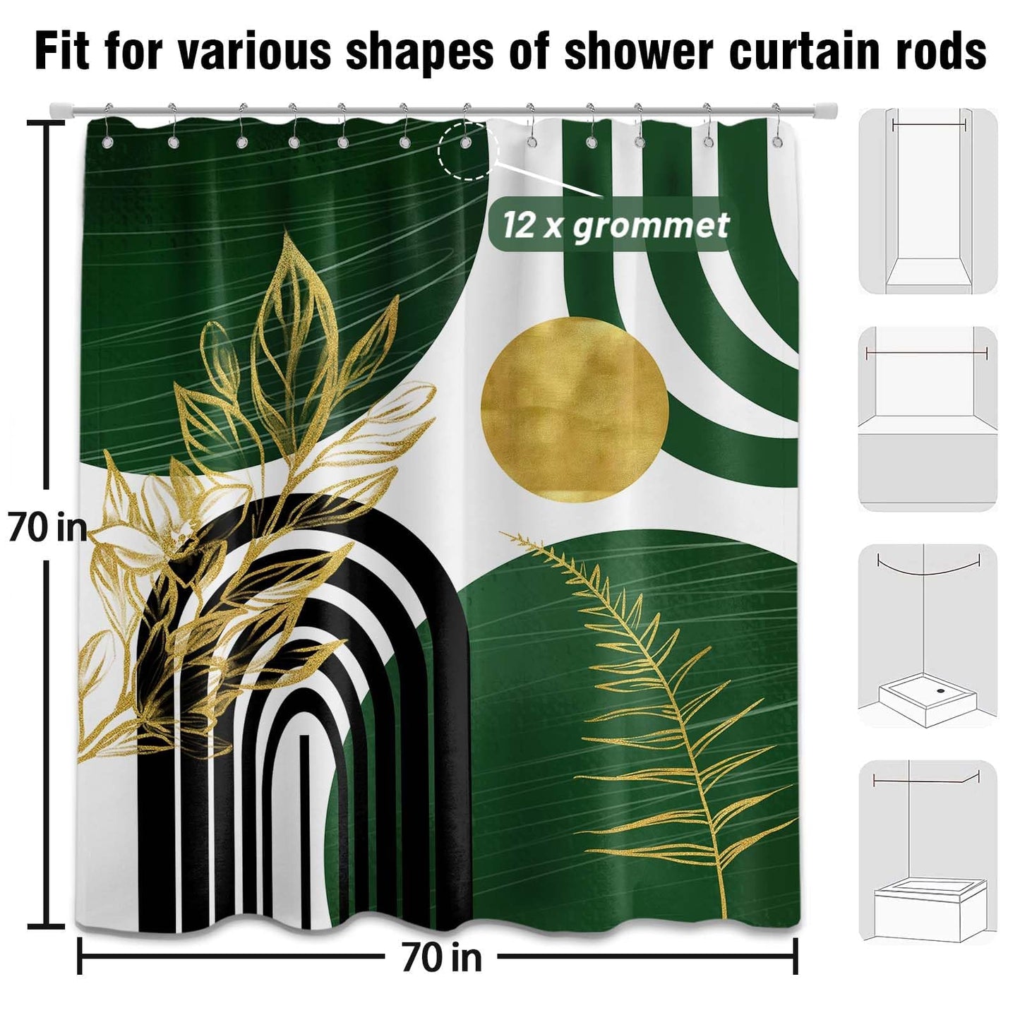 LanZanthic Dark Green Boho Shower Curtains for Bathroom Green and Gold Abstract Mid Century Modern Wet Room Shower Curtain with hooks
