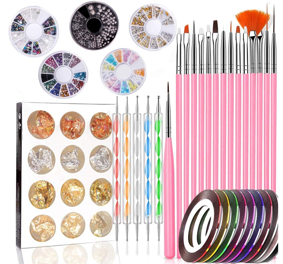 Nail Art Set 47 pieces Nail Art Tools 15 Nail Art Painted Pens 5 Dotting Pens 10 Rolls Nail Stripping Tape 5 Nail Rhinestones Crystals 12 Paillette