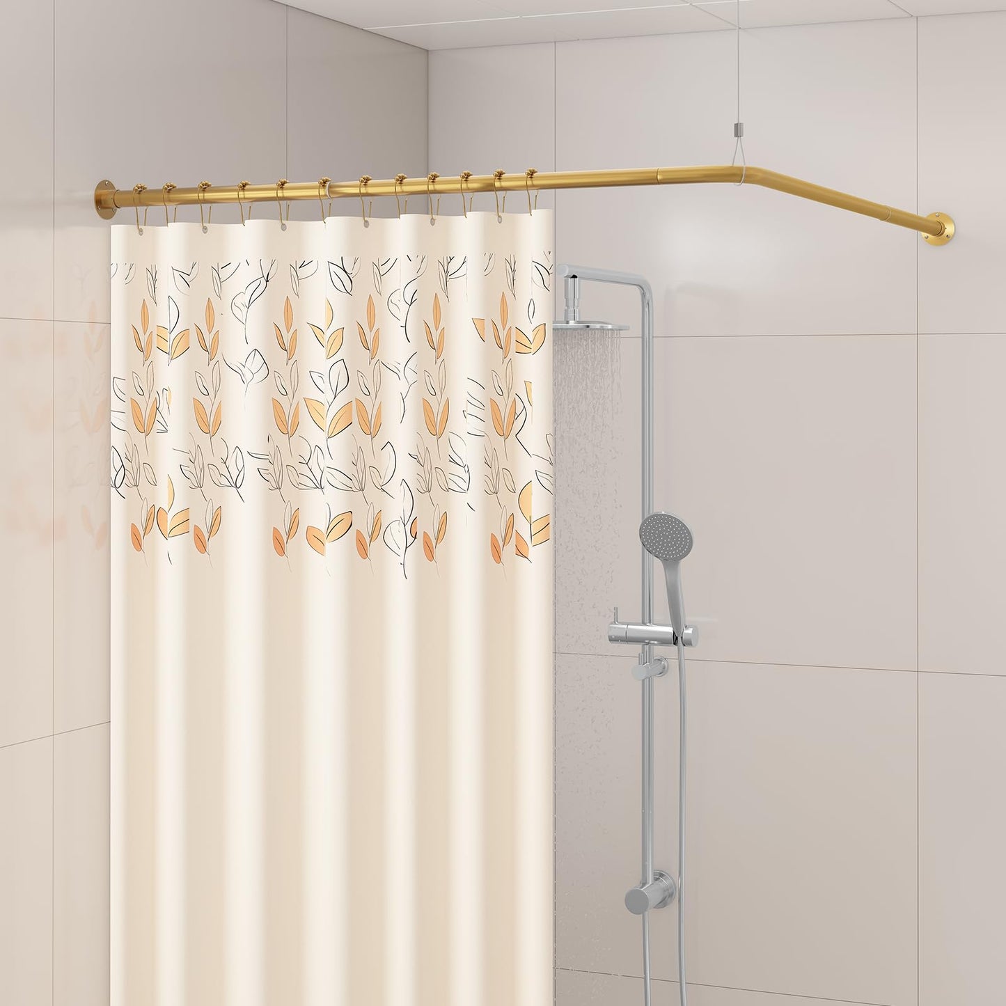 Yampos L Shaped Corner Shower Curtain Rail 39" - 69" x 59" - 85" Adjustable 90 Degree Curved Bathroom Rod Square No Sag with 12 Hooks and Ceiling