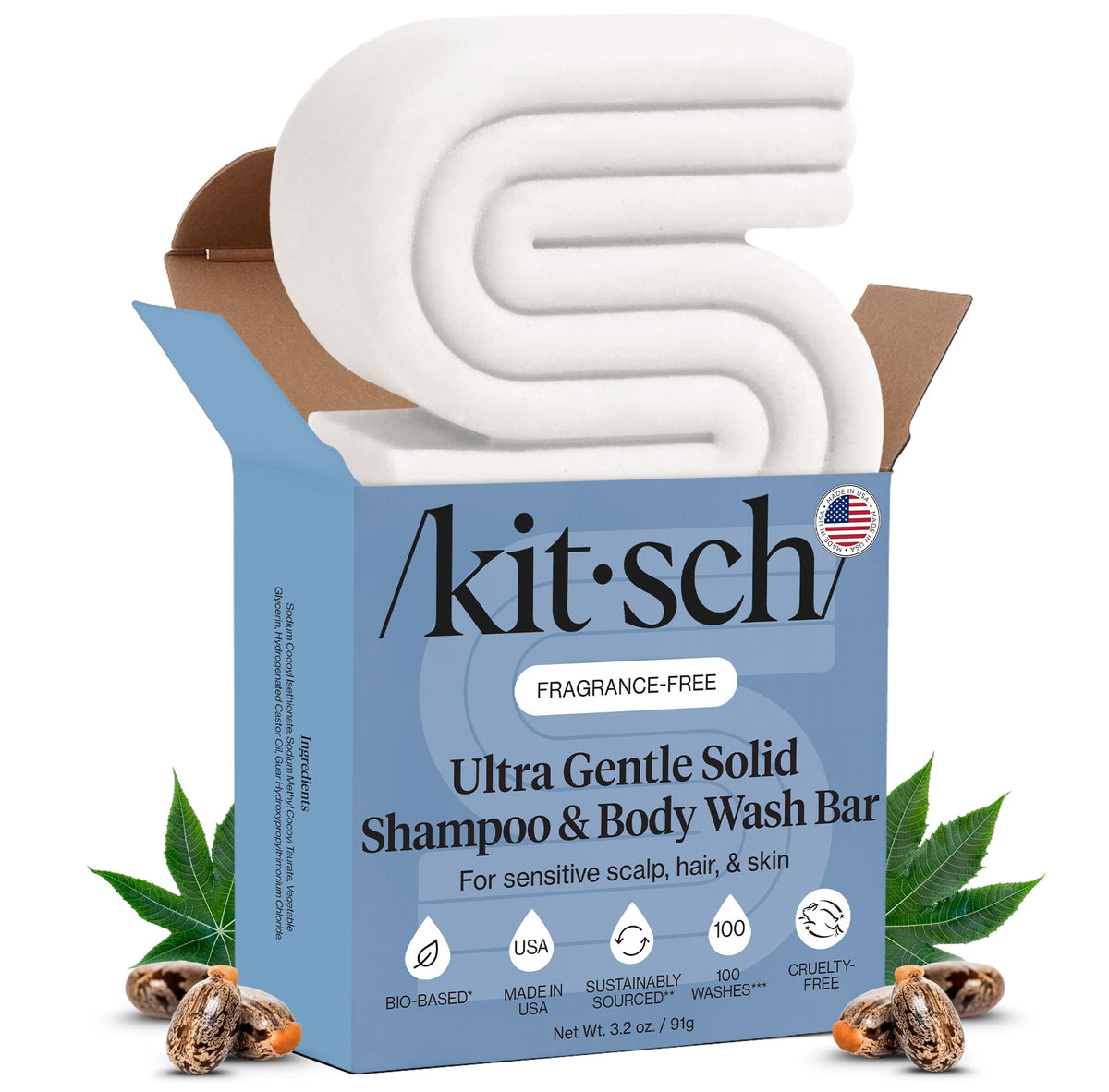 Kitsch 2-in-1 Shampoo Bar and Body Wash - Ultra Sensitive, Vegan & Natural, 5-Ingredient Formula Bar Soap for Hair & Body - Scent-Free, Paraben-Free -