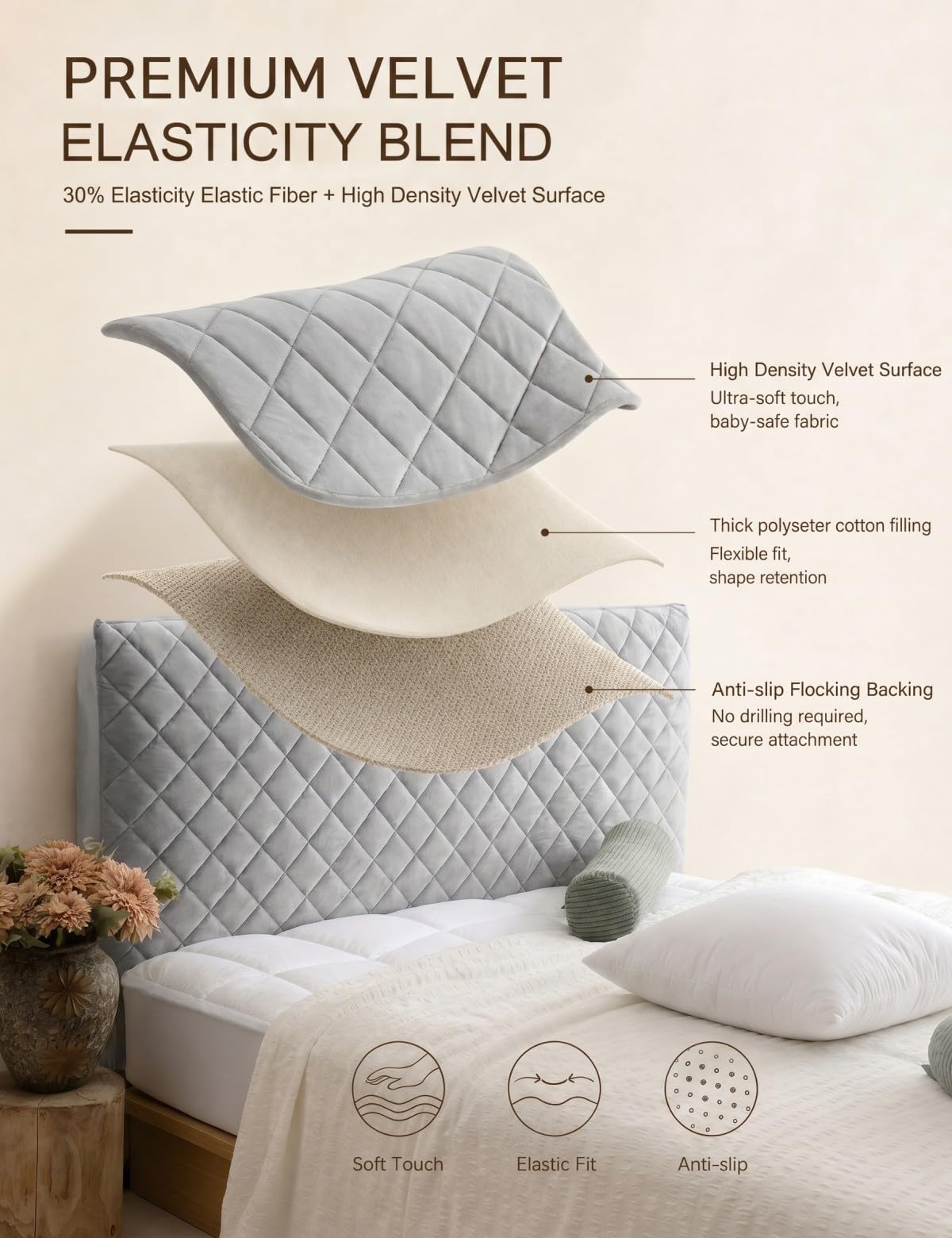 Bed Headboard Cover Double, Quilted Thicken Protector Light grey,150x70cm