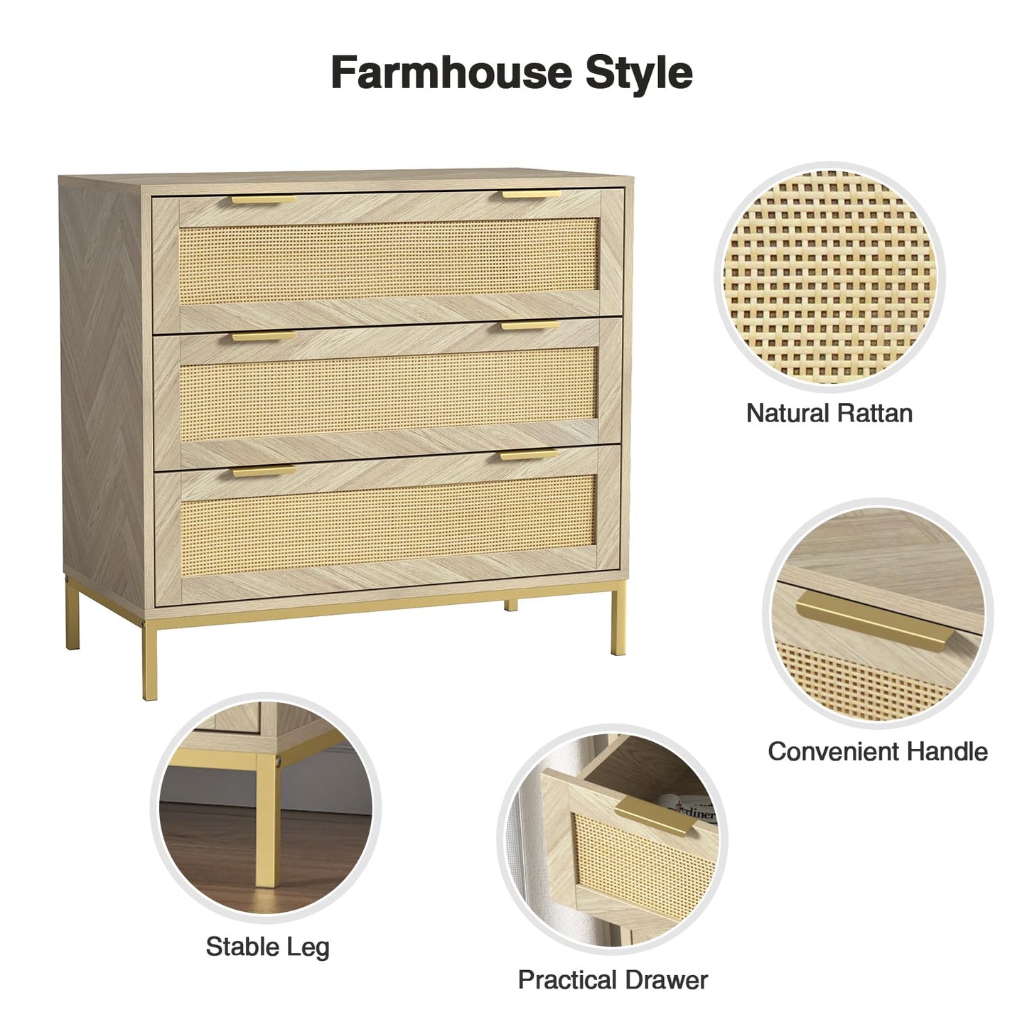 Skokliz Rattan Chest of Drawers with 3 Drawers, Storage Organizer for Bedroom, Wide Dresser Chest of Drawers, Modern Wooden Storage Unit for Hallway