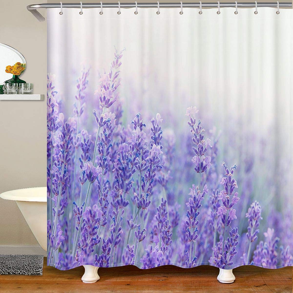 Loussiesd Lavender Shower Curtain Botanical Floral Bath Curtain Violet Flowers Bathroom Shower Curtain Set for Stalls Bathtubs Lavender Field Garden