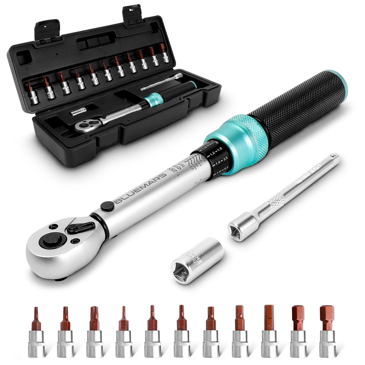 BLUEMARS Bicycle Motorcycle 1/4 Inch Torque Wrench Set 1-25 Nm, Drive Click Torque Wrench Set with Dual Direction Adjustable 72 Tooth for Road and