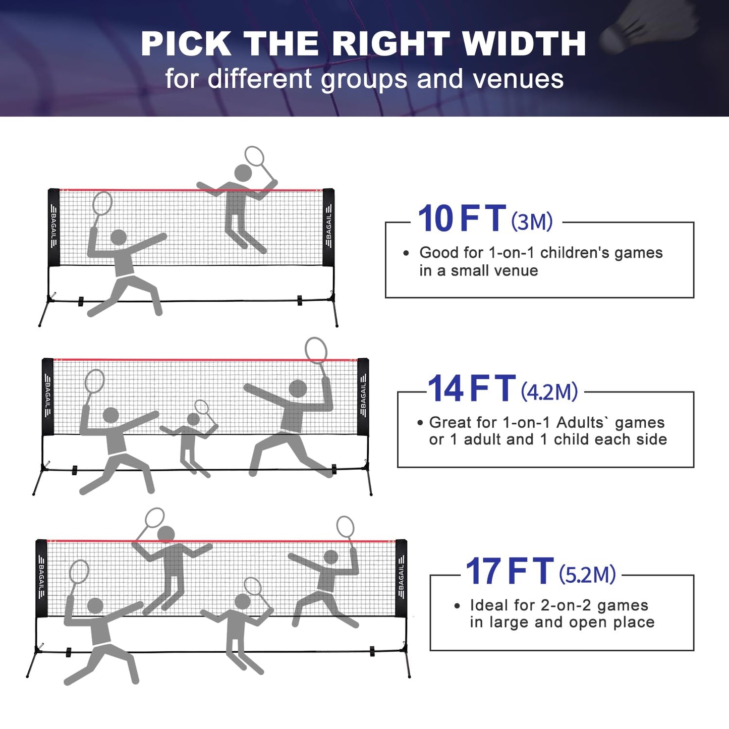 BAGAIL Badminton Net, Foldable Nylon Net, Hieght Adjustable Stand and Portable Carry Bag, Easy to Assemble or Disassemble, Ideal Recreational Sports