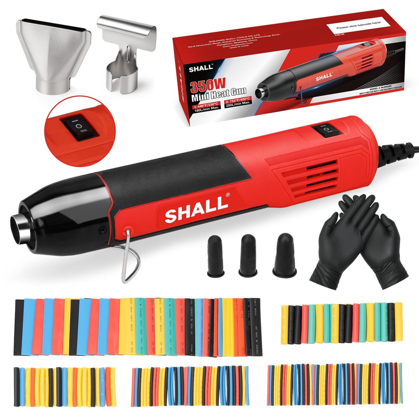 SHALL 350W Mini Heat Gun Set, Portable Hot Air Gun with Reflector Nozzle & Foldable Stand, 2 Temperature Settings 230?/400?, for Crafts, Shrink Wrap,
