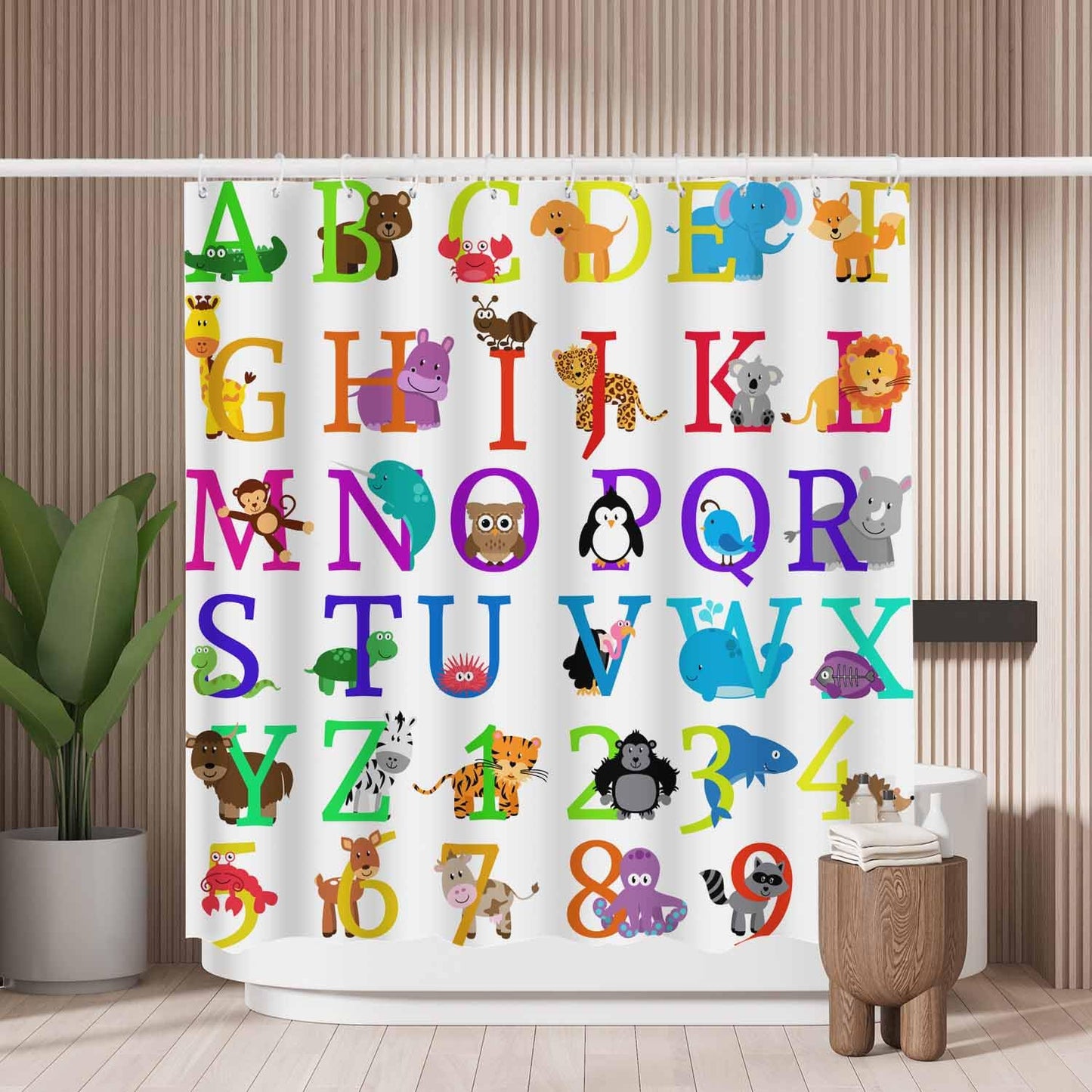 Woutay Shower Curtain Water Repellant Fabric Animal Themed Alphabet,Mould Proof Resistant,Polyester,with 12 Plastic Hooks