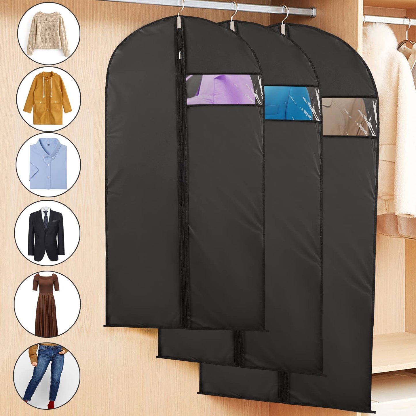 Niviy Suit Bags 60 x 120 cm, Black Garment Covers with Zip & Clear Window