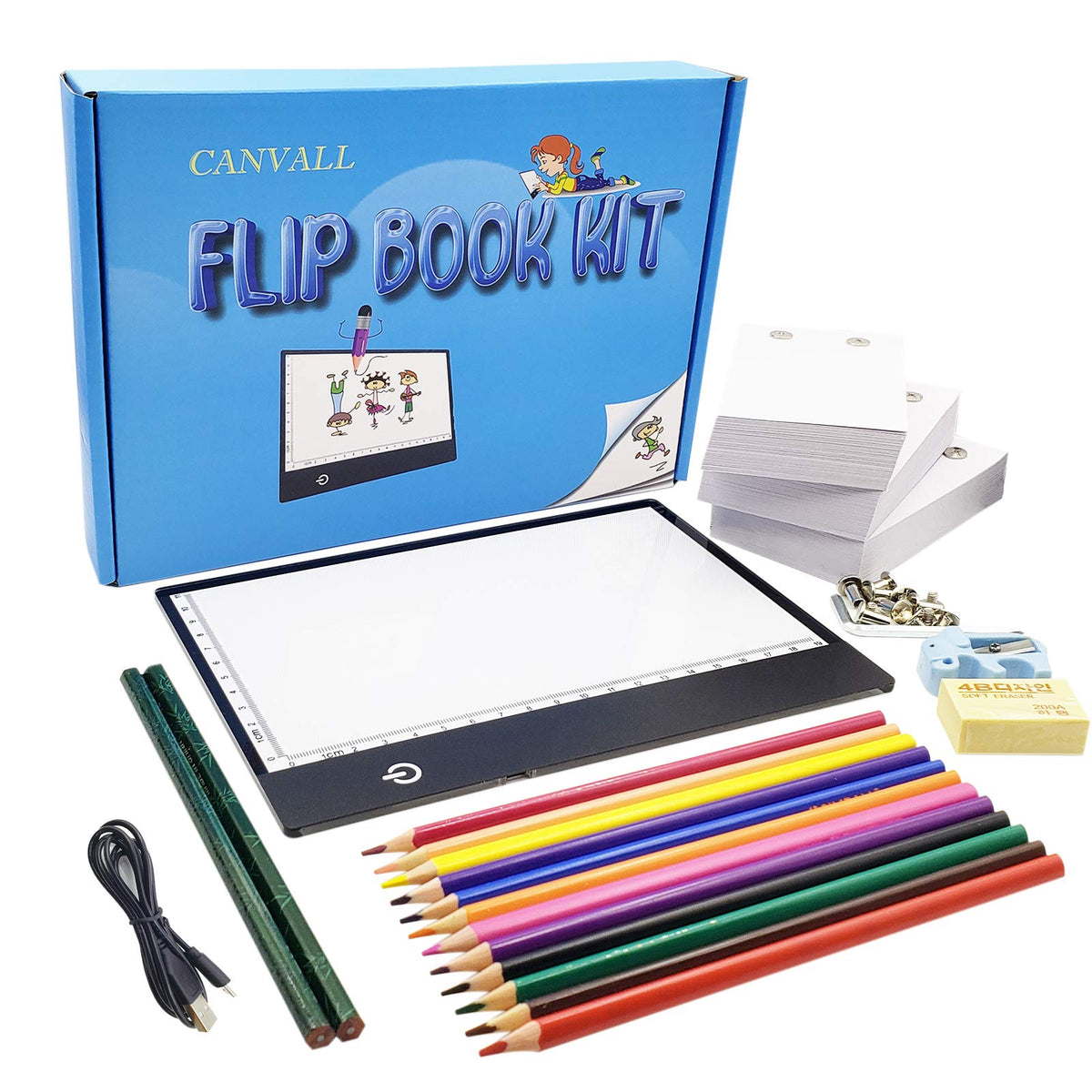 Canvall Flipbook Set for Drawing and Tracing Animation, Include: LED Light Box, 540 Pages Animated Loose-Leaf Paper, 2 HB +12 Colored Drawing Pencils,
