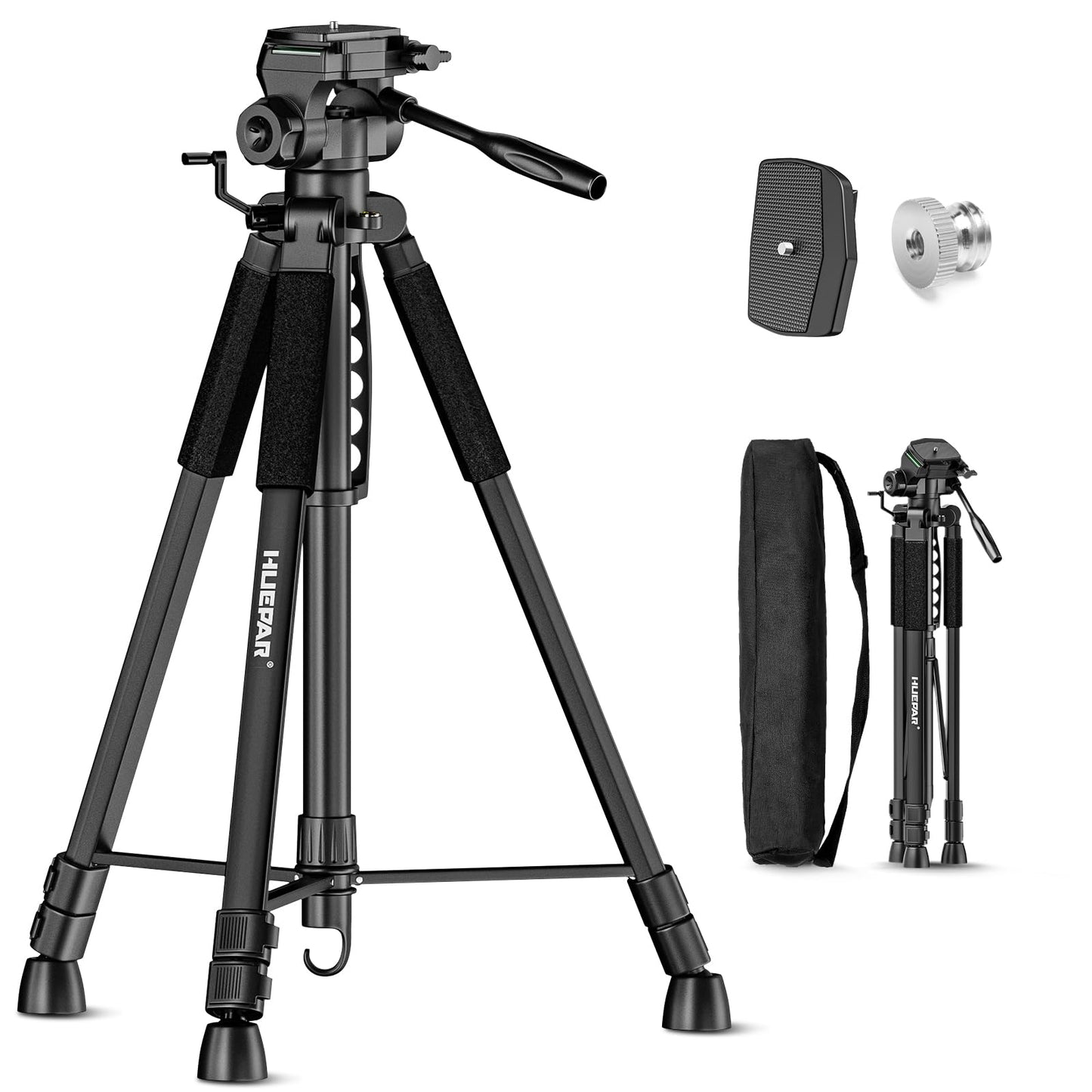 Huepar Lightweight 172cm Adjustable Laser Level Tripod with 3-Way Swivel Pan Head, Portable Handle, Bubble Level, Quick Release Plate with 1/4" Screw