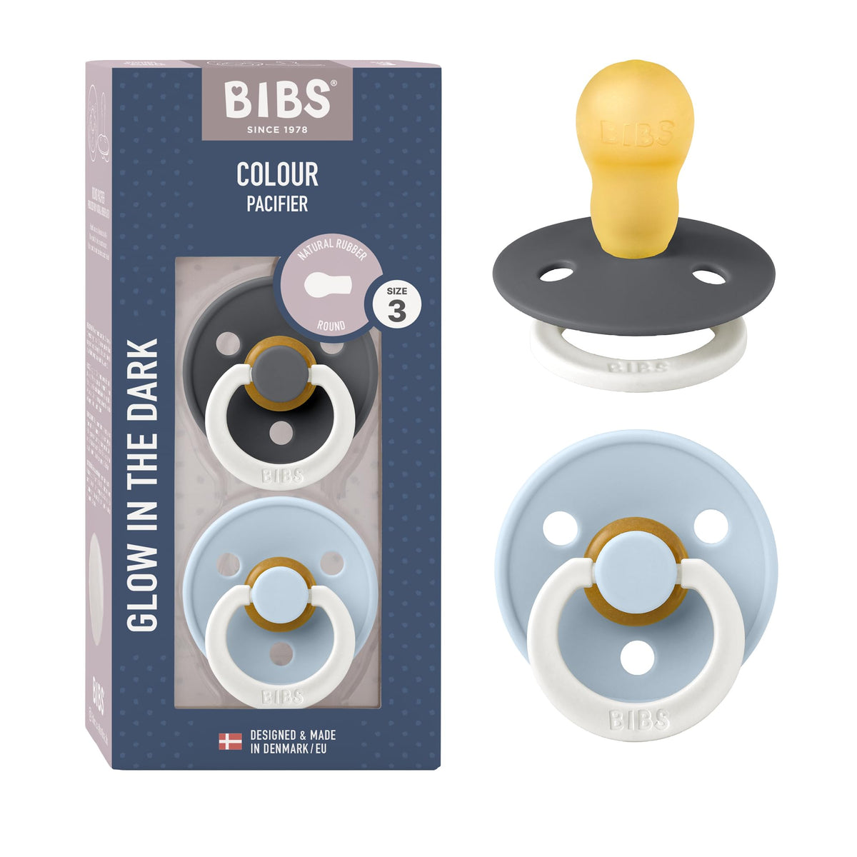 BIBS Colour Night Glow in The Dark Soother 2-Pack, BPA Free Dummy Pacifier, Made in Denmark, Size 3 (18+ Months), Iron Glow/Baby Blue Glow