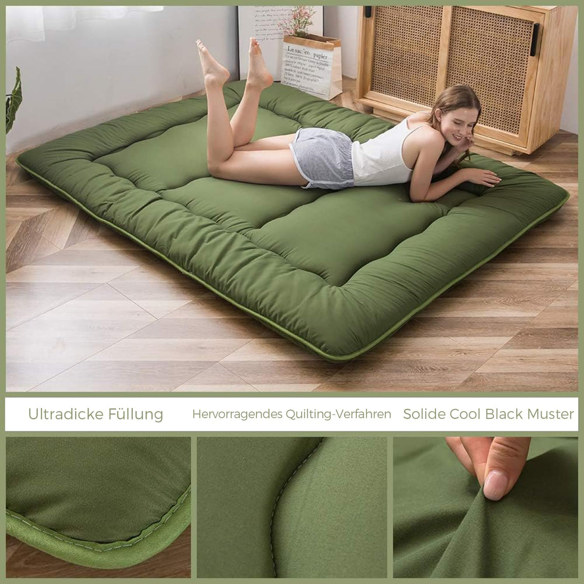 MAXYOYO Japanese Floor Futon Mattress, Thicken Tatami Sleeping Pad Foldable Roll Up Dormitory Mat Pad Floor Lounger Pillow Bed (Green, Double)