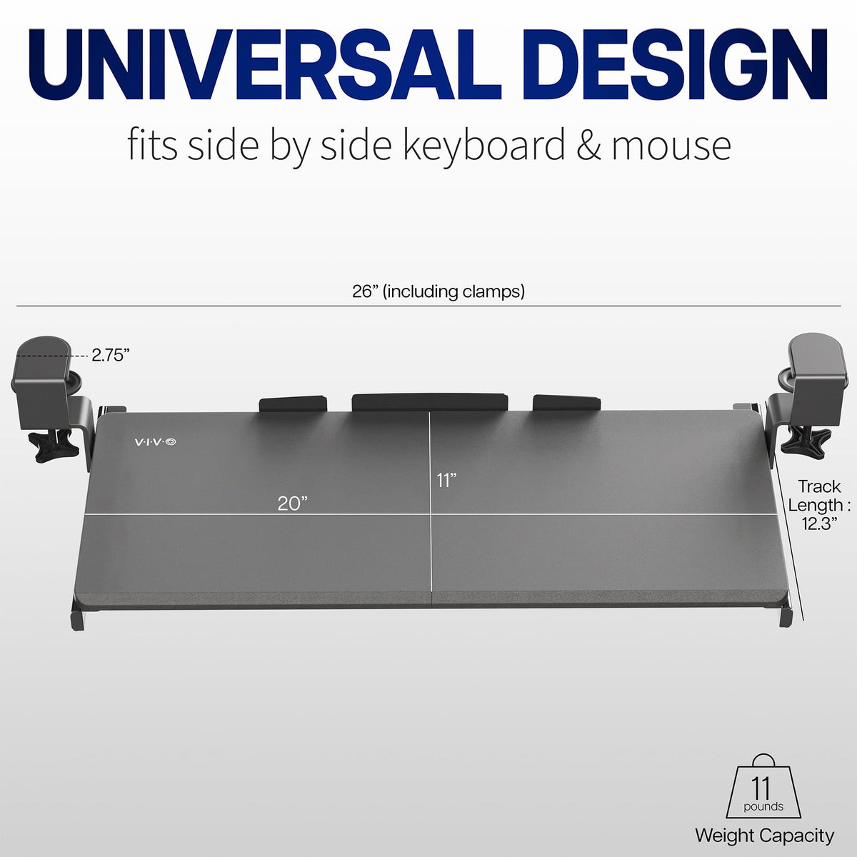 VIVO Small Keyboard Tray, Under Desk Pull Out with Extra Sturdy C Clamp Mount System, 20 (26 with Clamps) x 11 inch Slide-Out Platform Drawer, Rustic