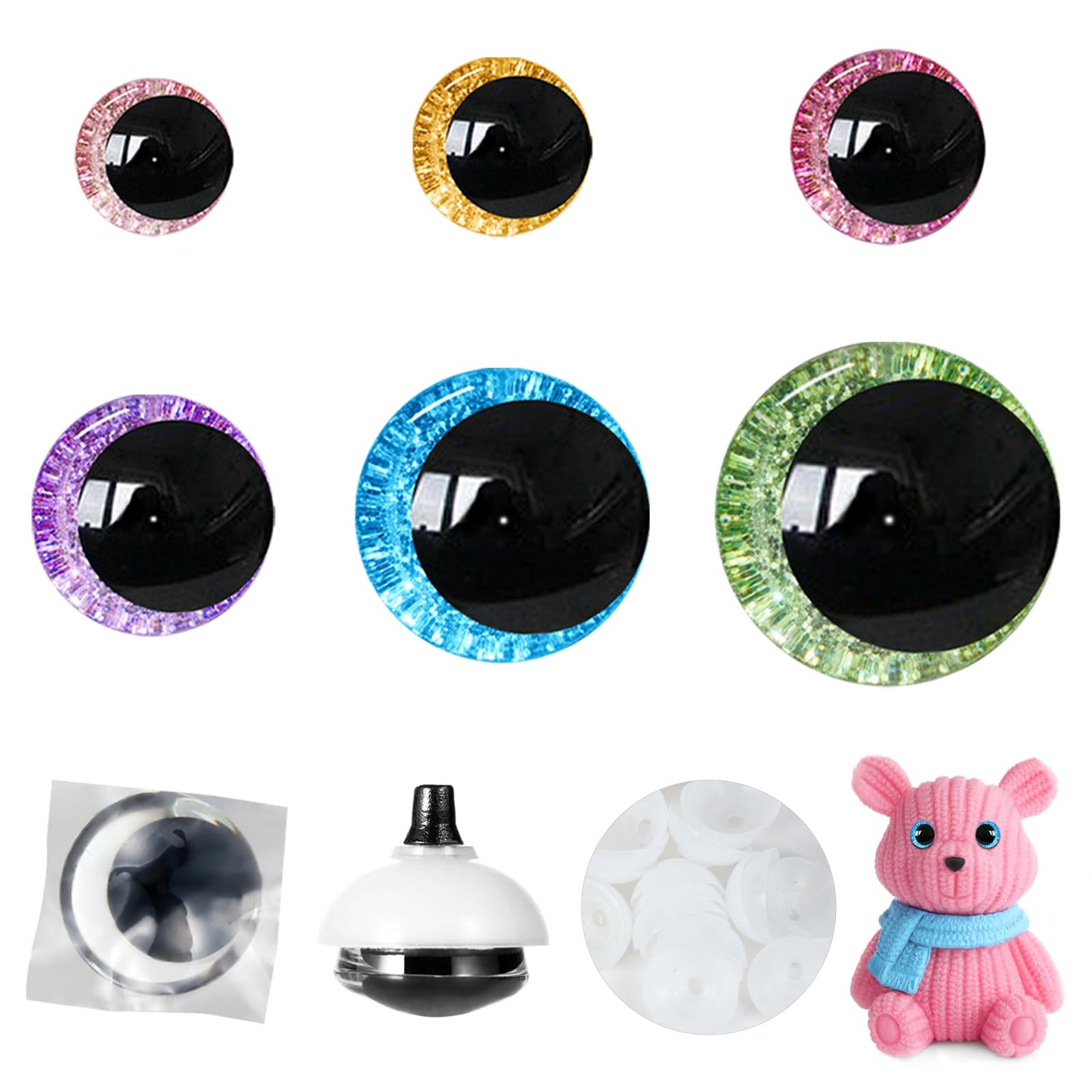 MUCUNNIA 168pcs 3D Glitter Safety Eyes 16-35mm Moon Safety Eyes for Crocheting with Washers Large Safety Eyes for Amigurumi Crochet Eyes for Stuffed