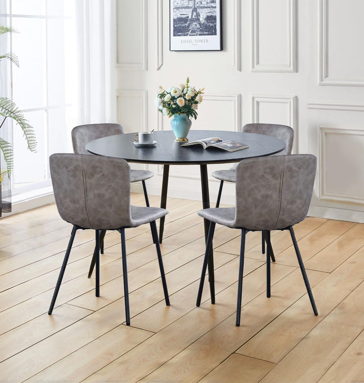 Hallowood Furniture Cullompton Round Dining Table and Chairs Set 4, Black Wooden Effect Kitchen Table and Chairs in Taupe Faux Leather Upholstery for