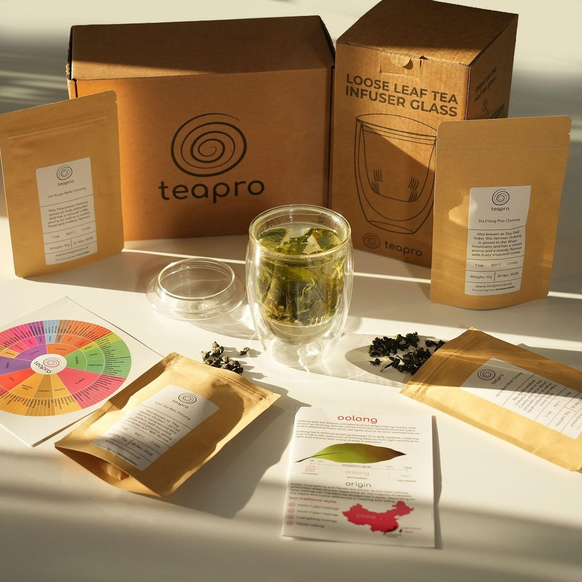 Oolong Tea Gift Set with Glass Infuser & Guide Booklet | Da Hong Pao, Milk Oolong, Lan Gui Ren & An?xi Ben Shan | Premium Tea Sampler for Wellness,
