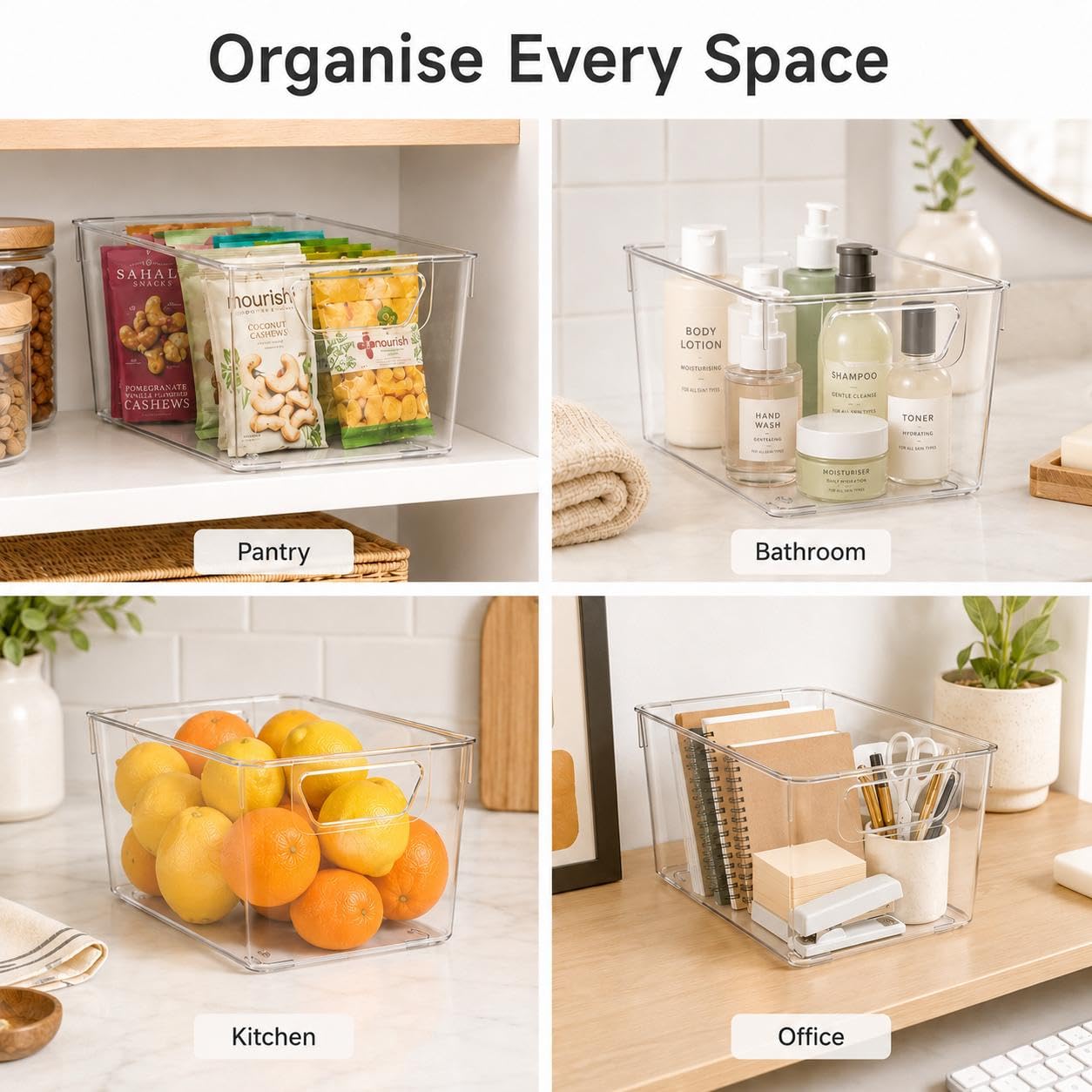 Sydroya 6 Pack Clear Plastic Storage Bins, Clear Storage Boxes with Handle, Kitchen Storage Organiser for Refrigerator, Fridge, Cupboard, Cabinet