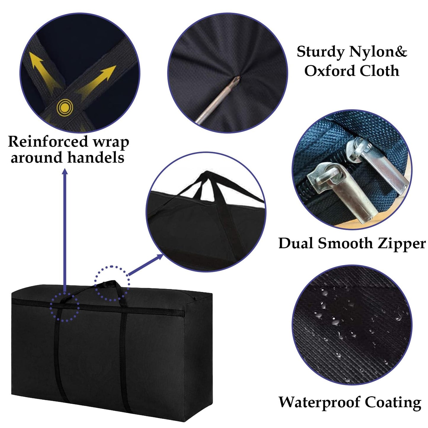 Kongming Pack of 2 180L Storage Bag XXL Waterproof Oxford Black Extra Large Moving Bags with Zip Handle for Duvets Cushions Clothes Bedding Storage
