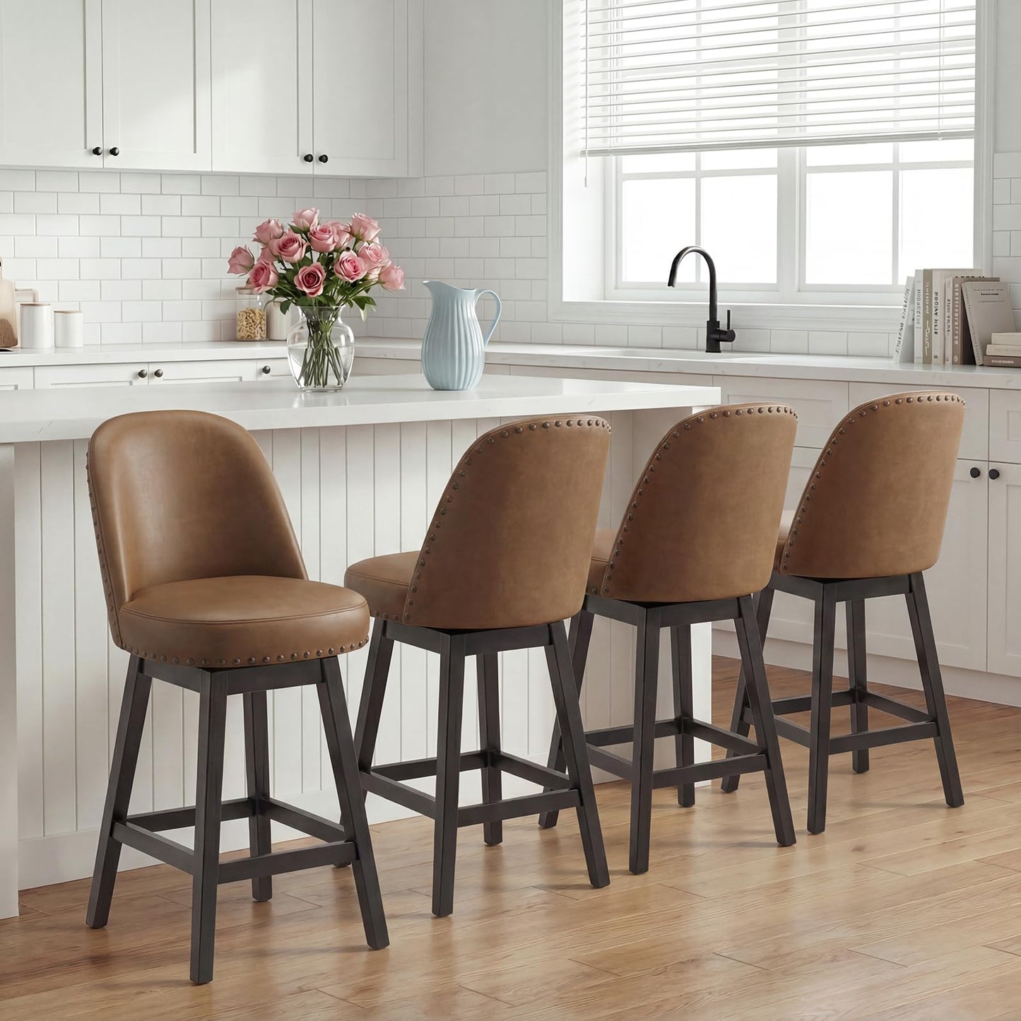 Bar Stools Set of 4, 360° Swivel Counter Stools with Upholstered Seat, Wooden Frame & Nailhead Trim