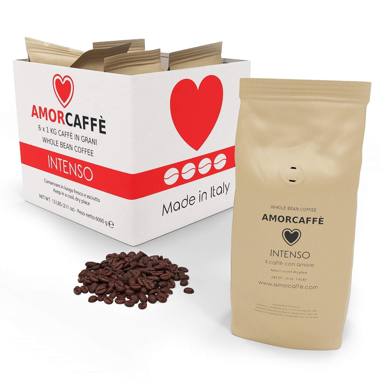 Amorcaffe Intenso taste Coffee Beans (6 Packs of 1kg) - 6 kg