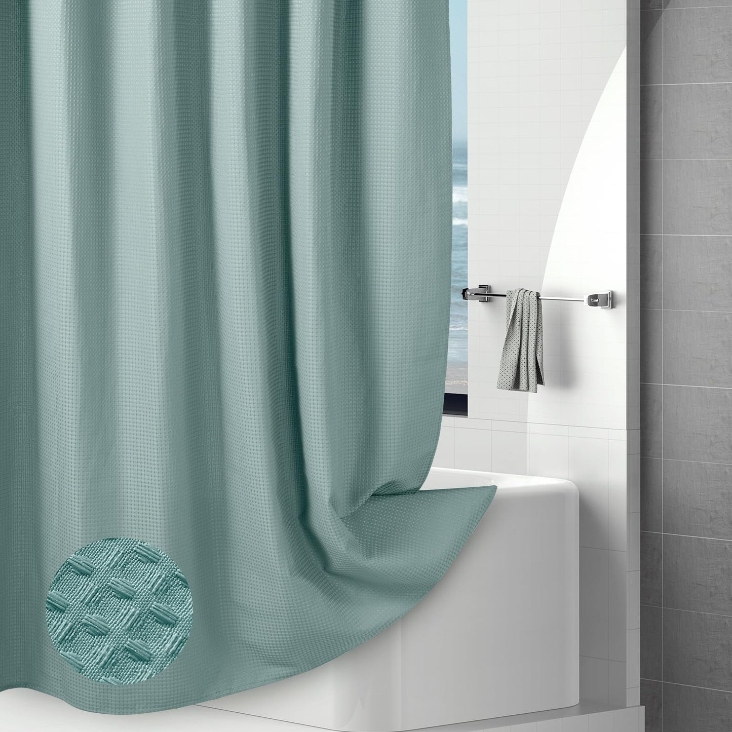 Hotel-Quality Teal Waffle Shower Curtain, Water Repellent Bath Curtain Prevents Water Escaping, 256GSM Thick Heavy Duty Fabric Texture Wet Room Shower