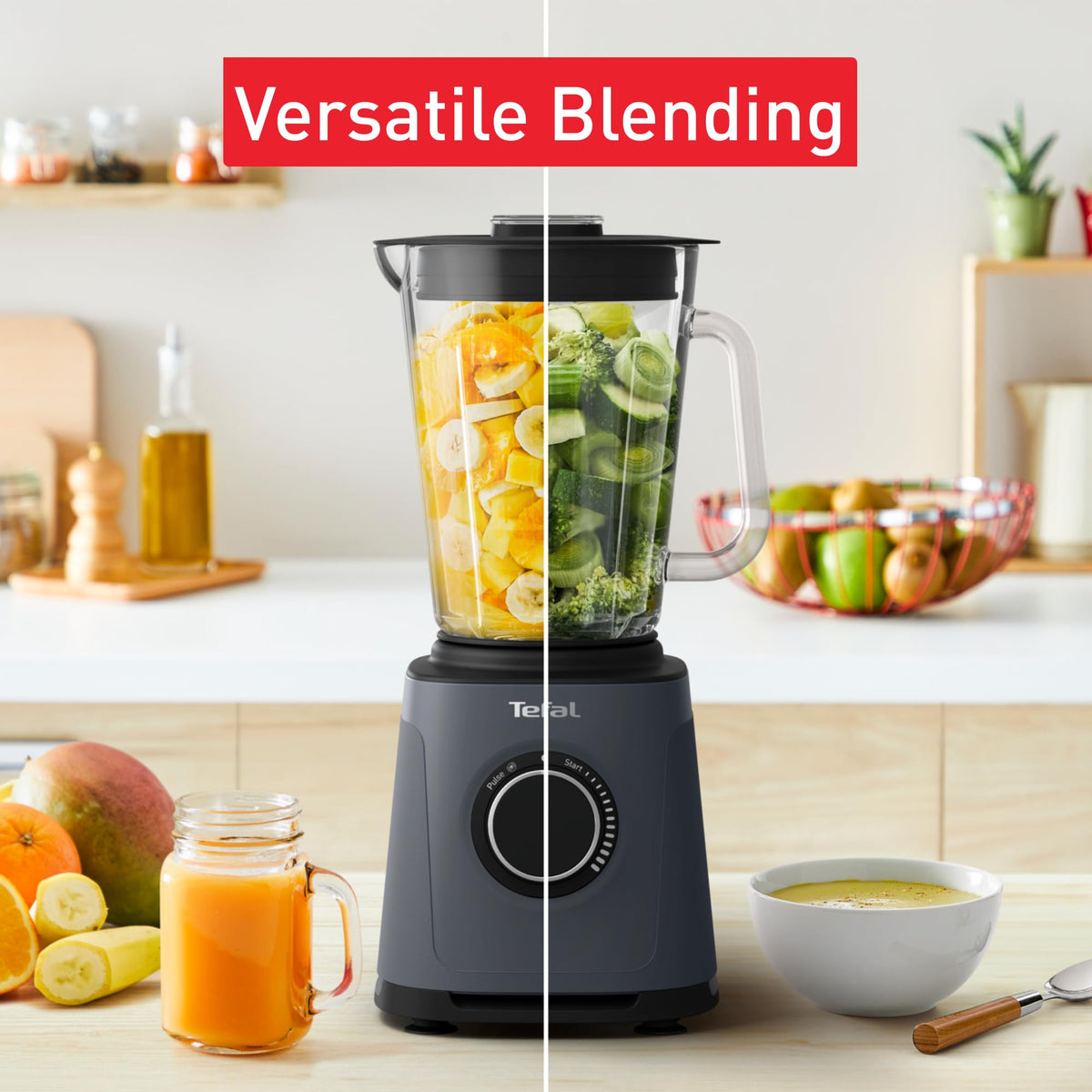 Tefal PerfectMix High-Speed Blender, 2L Glass Jar, 1200W, Powerful Powelix Blades, Soups, Smoothies, Sauces, Dips, Removable Blades, Grey, BL771BG0