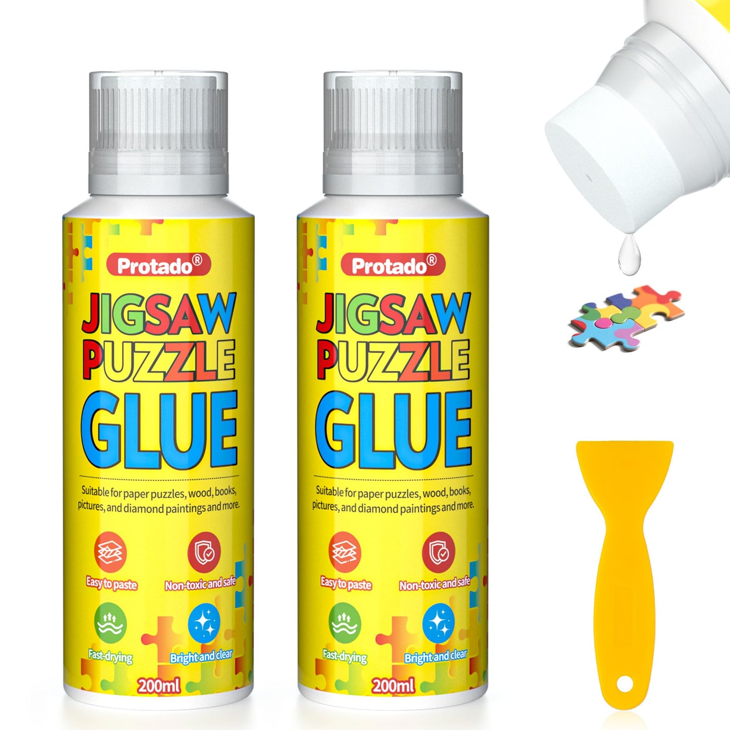 Jigsaw Puzzle Glue, 200ML Clear Non-Toxic and Quick Dry Puzzle Sealer with New Sponge Head and Applicator for 1000/3000/5000 Piece Puzzles of Paper